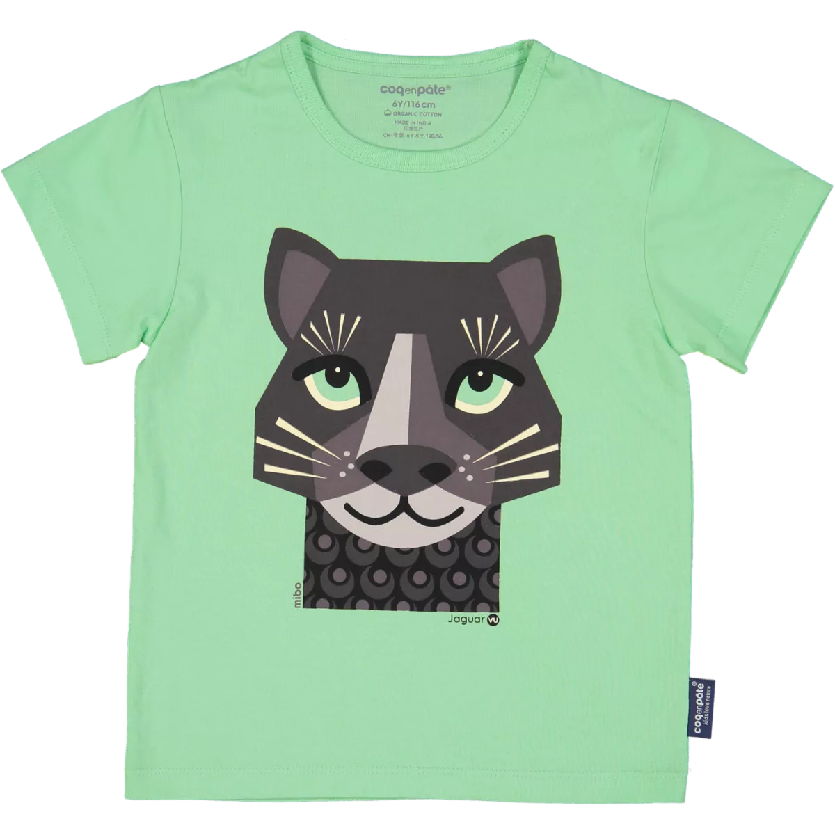 T-shirt enfant jaguar couleur vert coton bio et écoresponsable recto