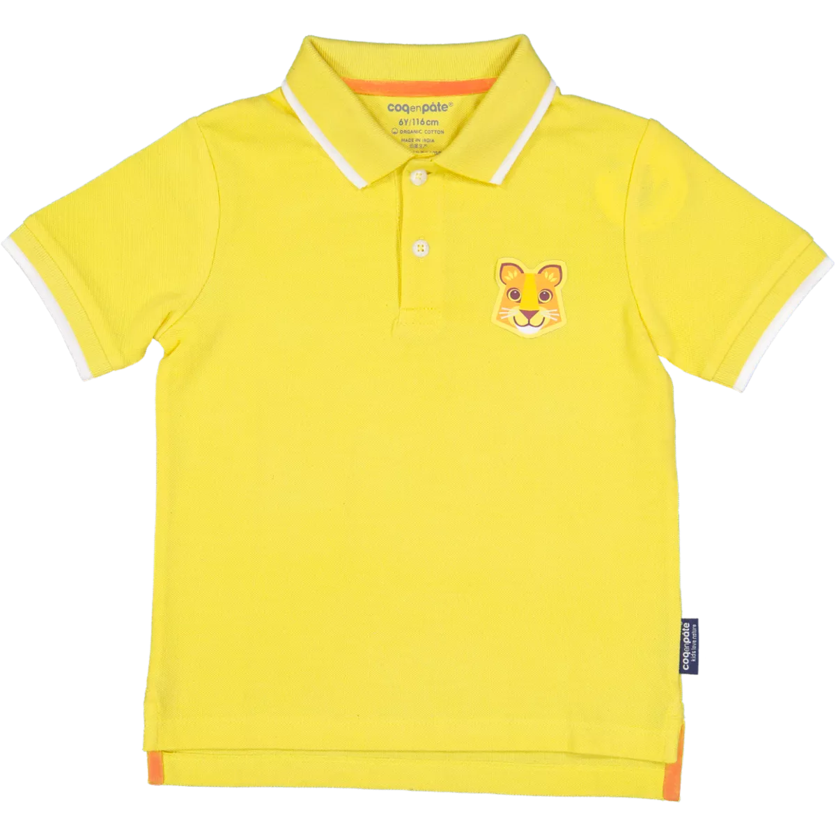 Polo jaune enfant lion coton bio et écoresponsable recto