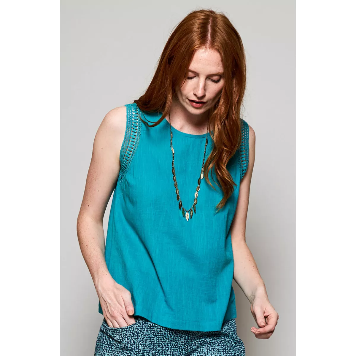 Débardeur léger femme coton bio détails manches bleu mer