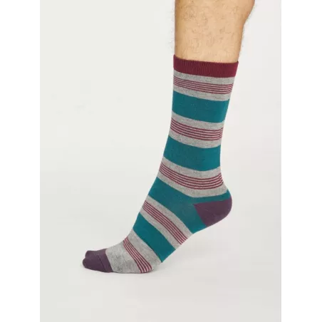 Chaussettes rayées homme en bambou et coton bio bleu et verte