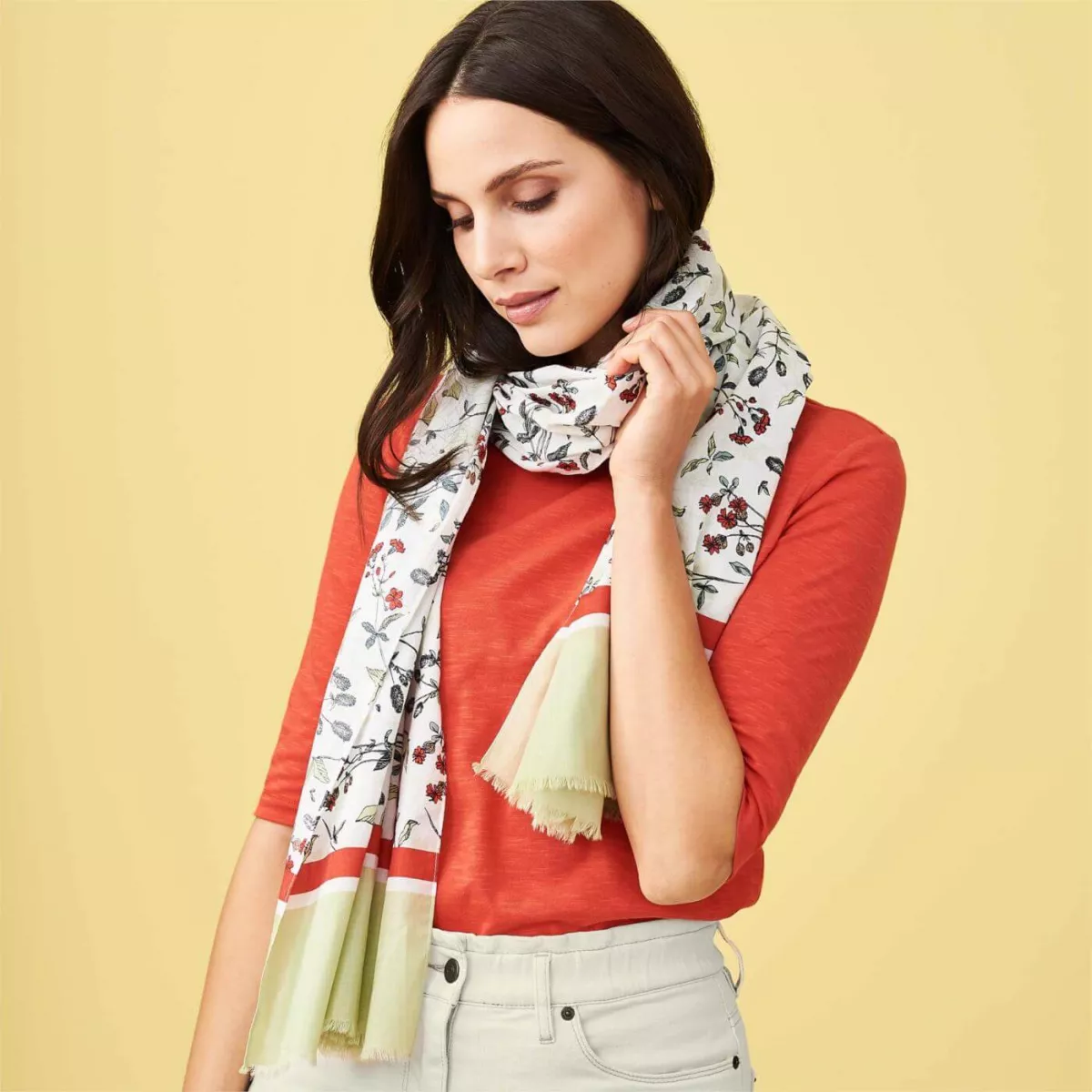 Écharpe coton bio fleurs sauvages verte et rouge