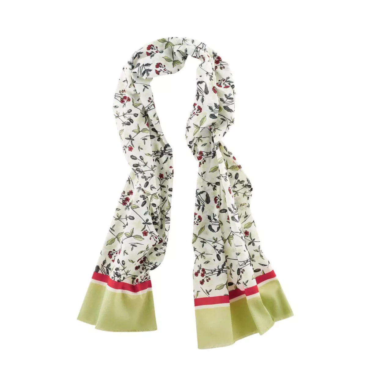 Écharpe coton bio fleurs sauvages verte et rouge