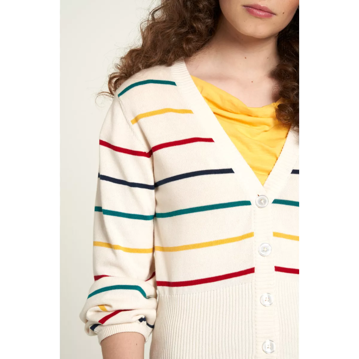 Cardigan en coton bio, motif rayé, beige, GOTS