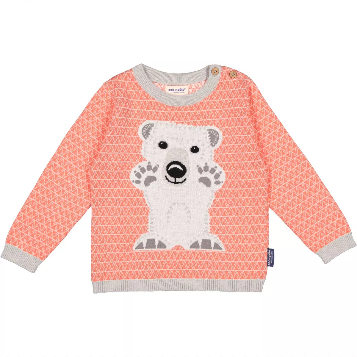 Pull 100% coton bio, rose avec un motif ours polaire