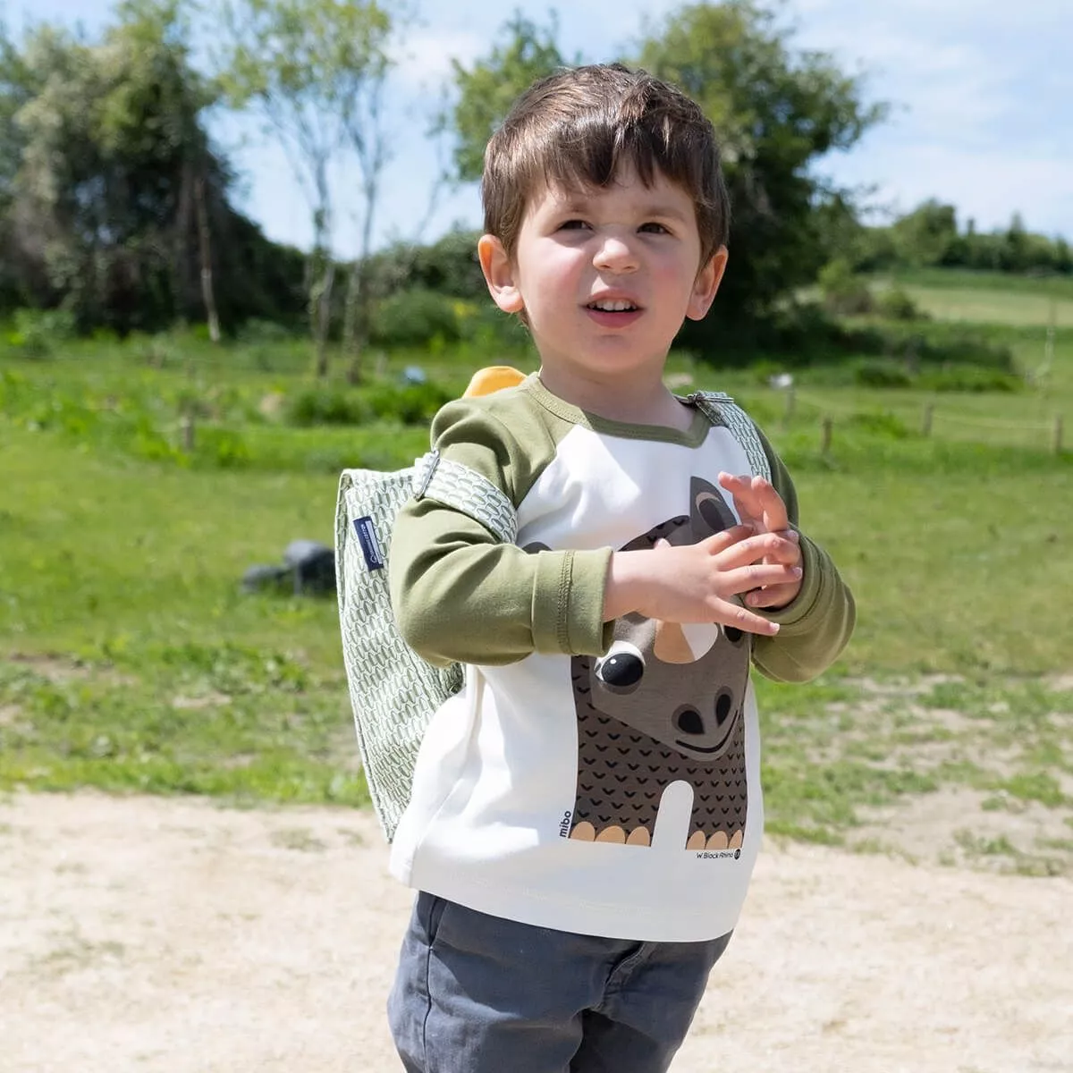 T-shirt vert manches longues raglan, coton bio rhinocéros