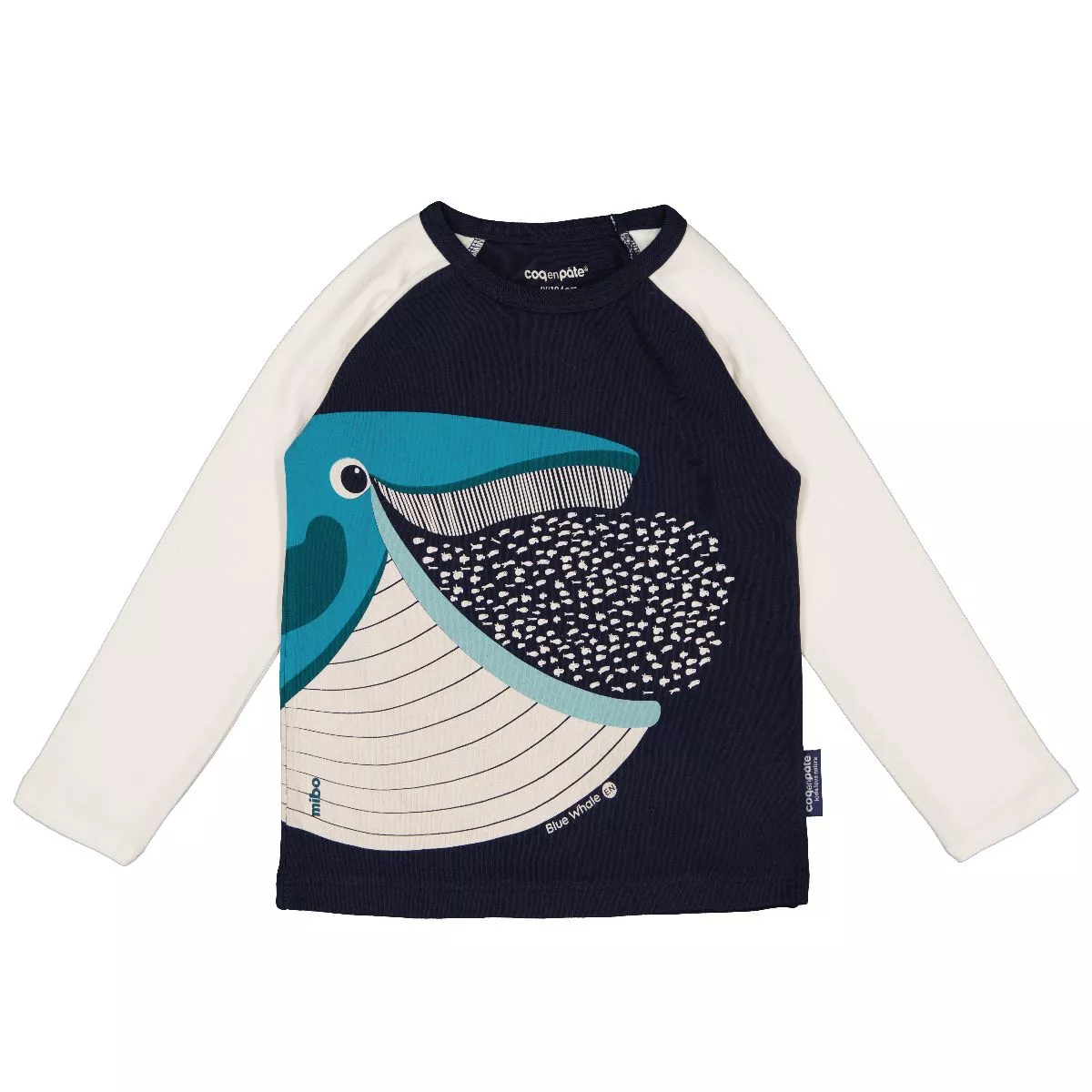 T-shirt bleu manches longues raglan, coton bio baleine