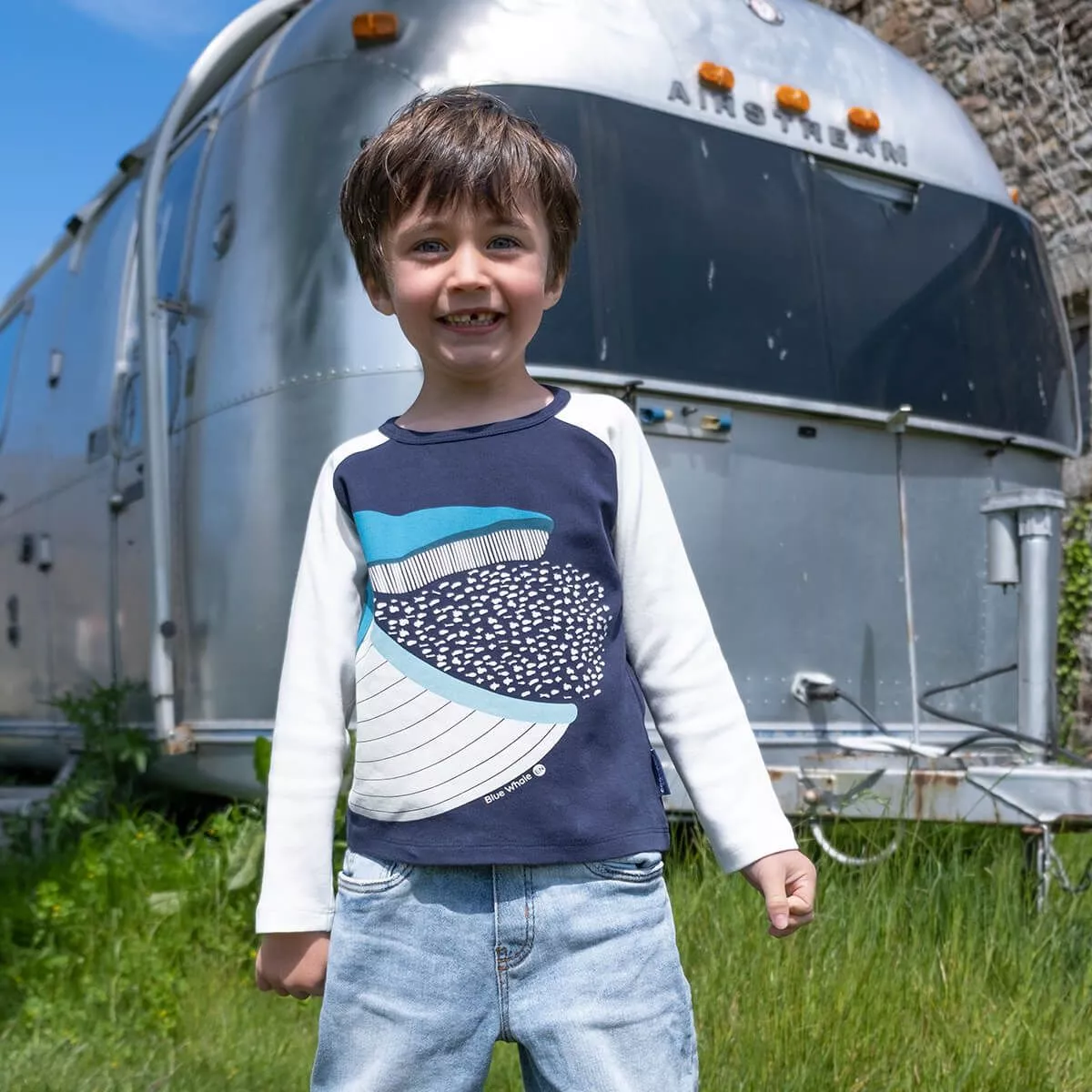 T-shirt bleu manches longues raglan, coton bio baleine