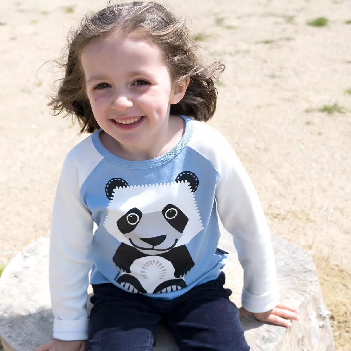T-shirt bleu manches longues raglan, coton bio panda