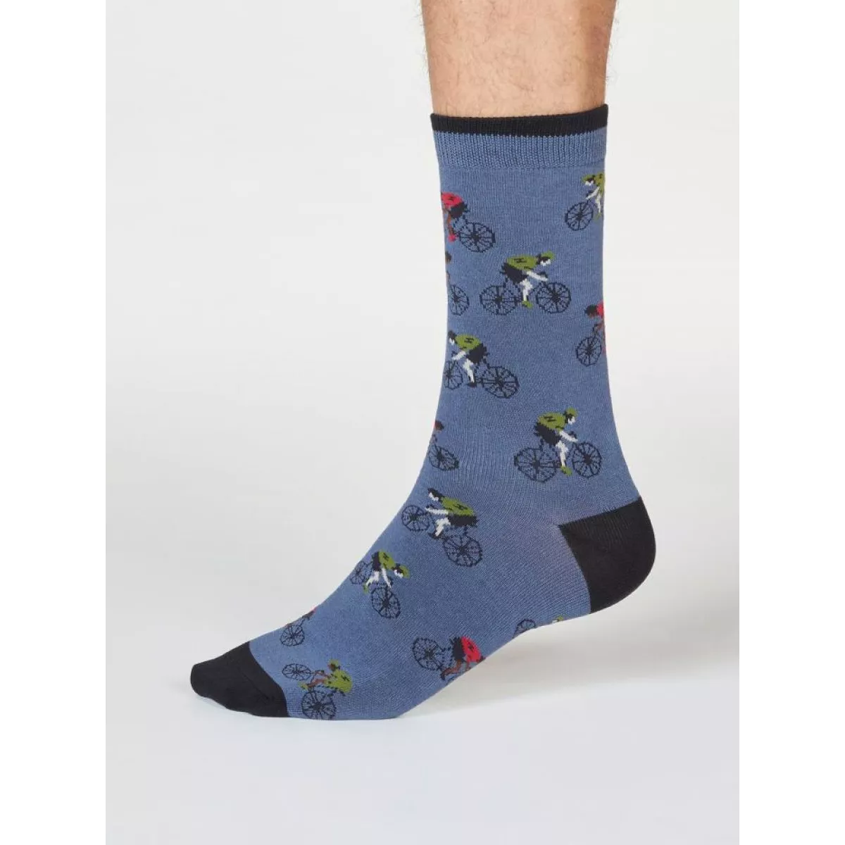 Chaussettes bleues imprimés vélos, dans une boite cartonné