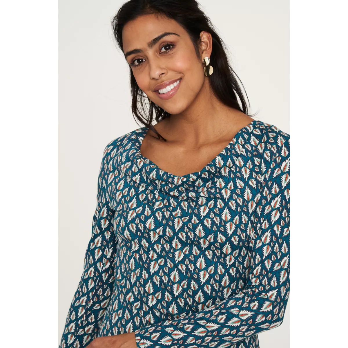 Robe vert émeraude et orange imprimé col drapé