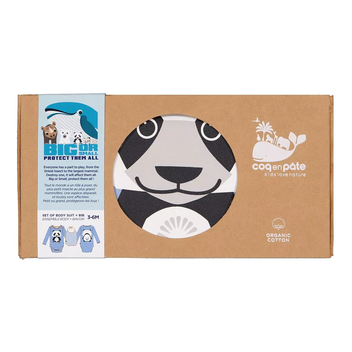 Body panda manches longues et bavoir coton bio