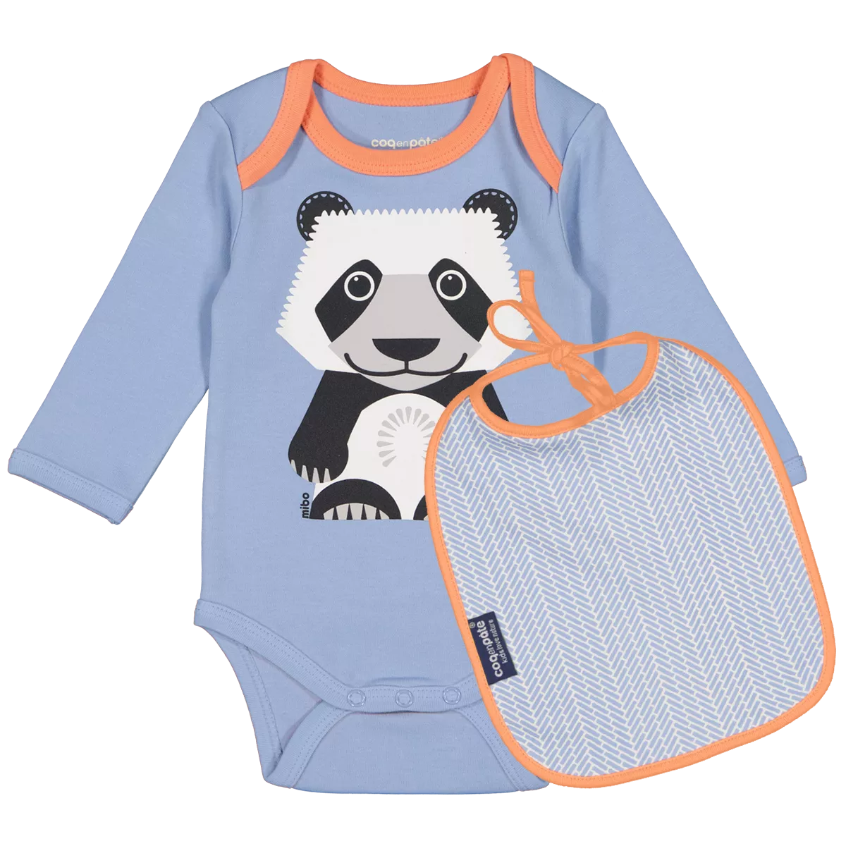 Body panda manches longues et bavoir coton bio