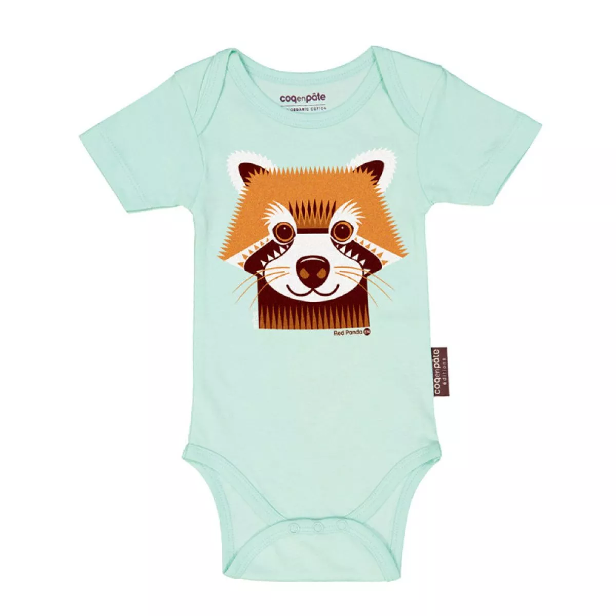 Body manches courtes coton bio bleu, imprimé panda roux