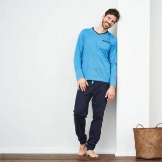 Pyjama ensemble manches longues homme en coton bio bleu turquoise