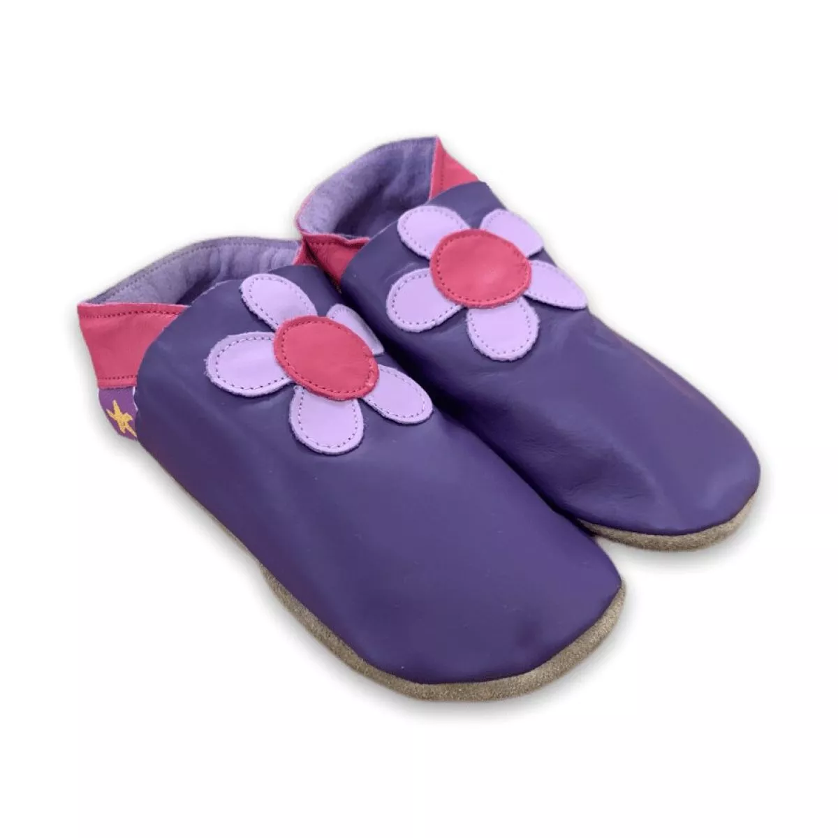 Chaussons cuir souple violets fleur rose