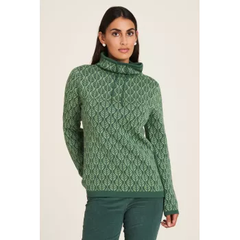 Pullover col roulé vert motif feuille 