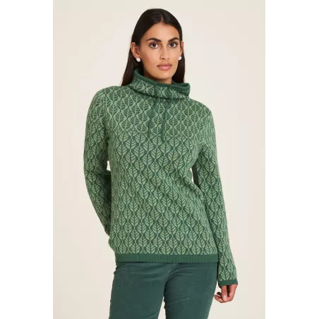 Pullover col roulé vert motif feuille 