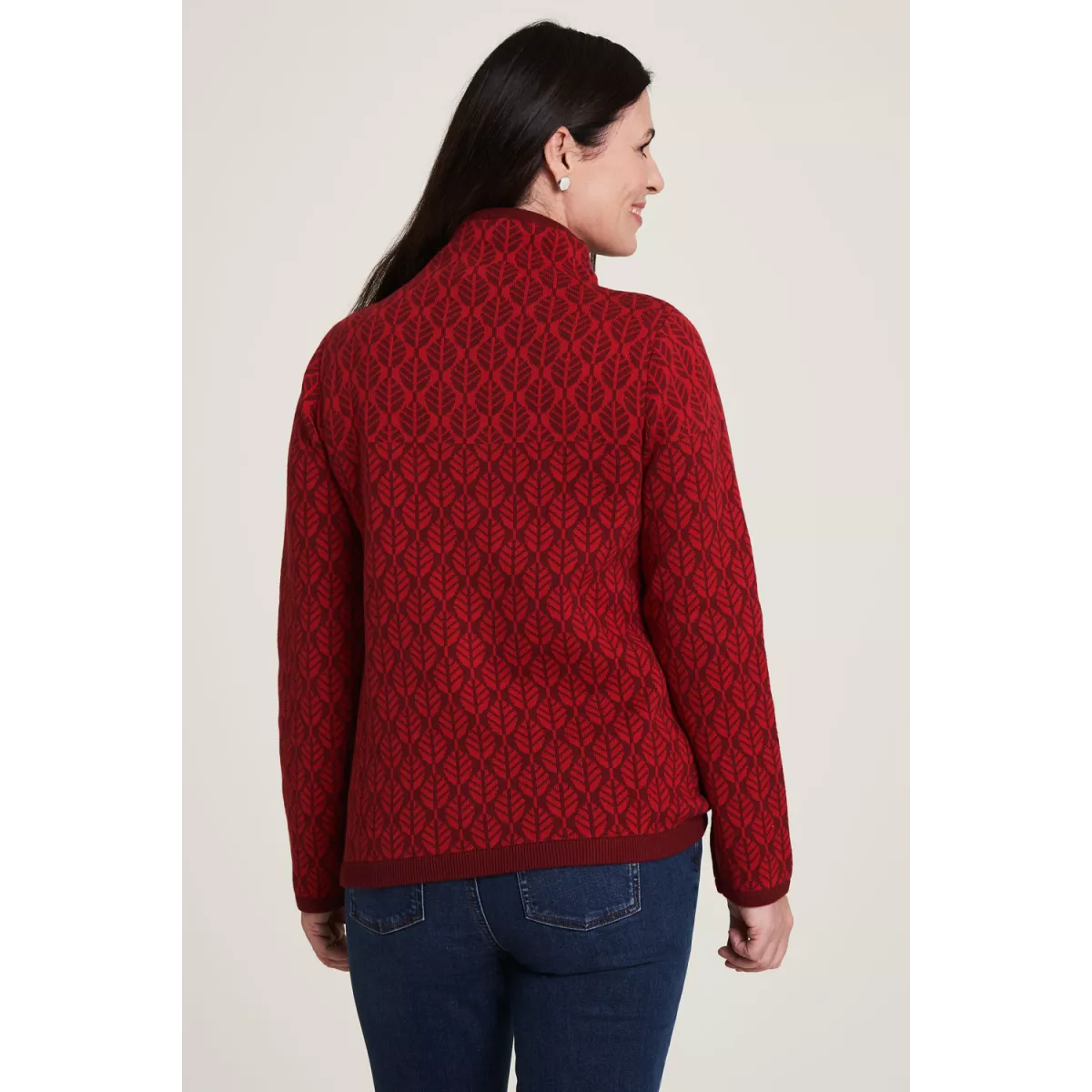 Pullover col roulé vert motif feuille 