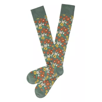 Chaussettes hautes vert motif fleurs en coton bio