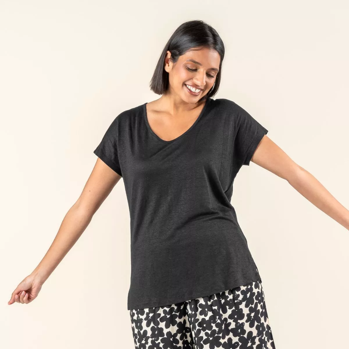 T-shirt en lin bio, noir, ROBINIA