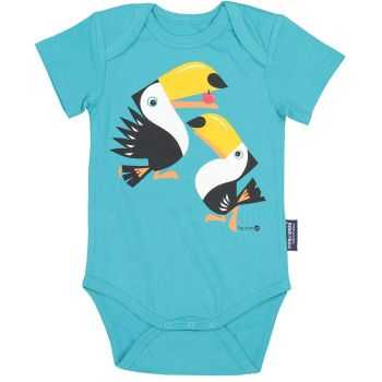 Body manches courtes coton bio bleu, imprimé toucan