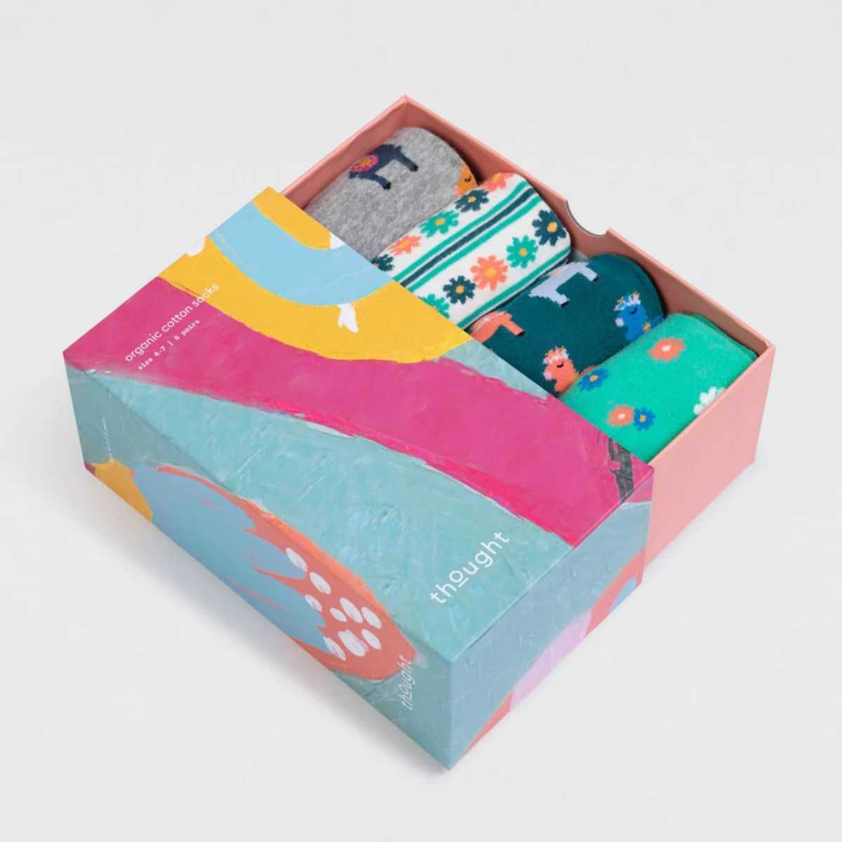 Coffret 4 paires de chaussettes en coton bio lamas et fleurs