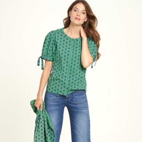 Chemisier en coton bio, à motif fleur, vert, GOTS 1