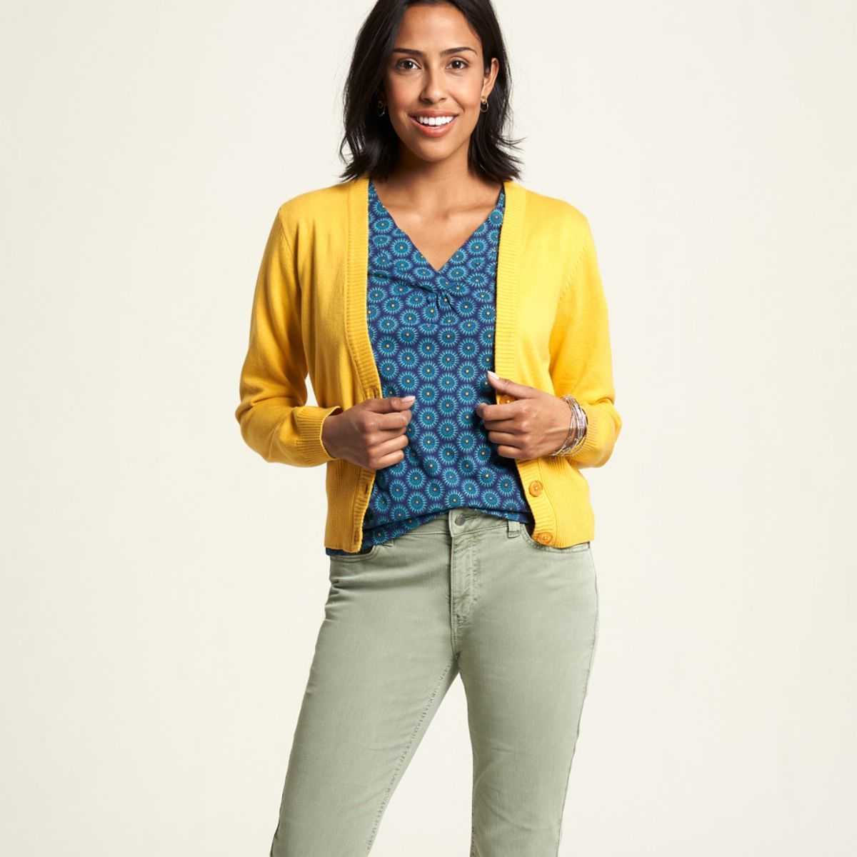 Chemise col V en coton bio, imprimé bleu, Gots