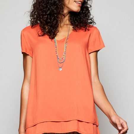 Haut femme col V avec mancherons ourlet double