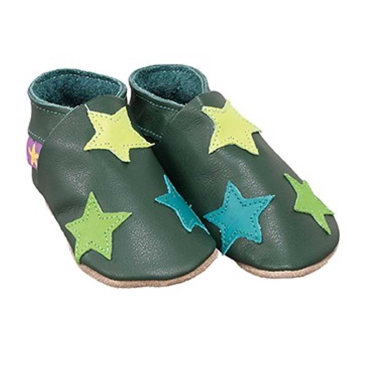 Chaussons cuir souple Vert kaki Étoiles couleurs Chaussons cuir souple Vert kaki Étoiles couleurs