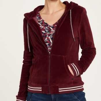 Veste zippé à capuche en coton bio, effet velours, couleur unie, GOTS