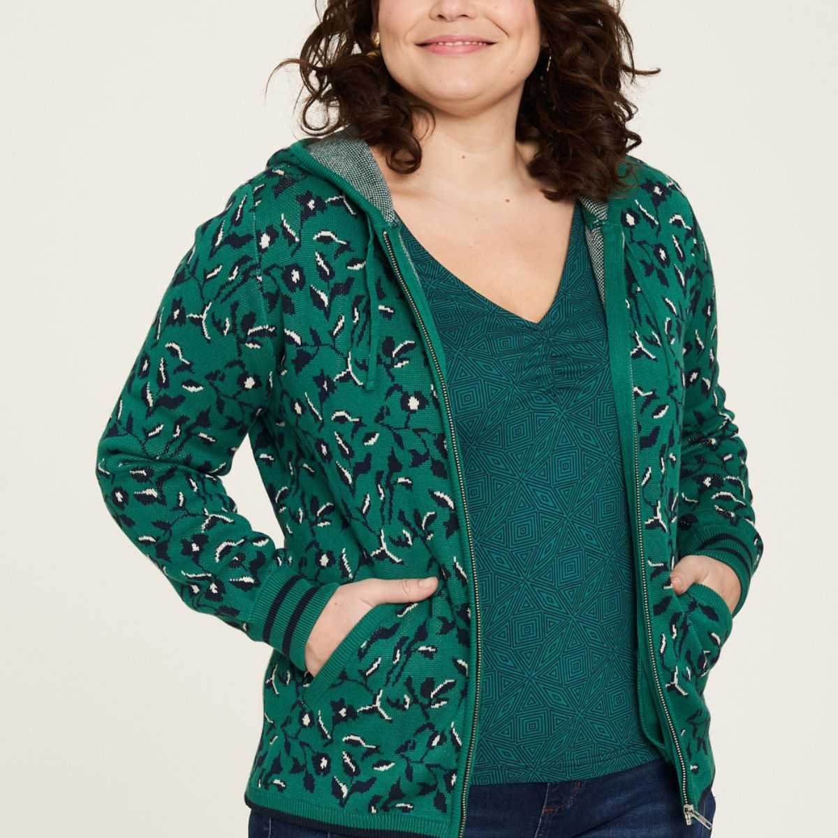 Veste cardigan à zippé en coton bio, motif à fleur, GOTS