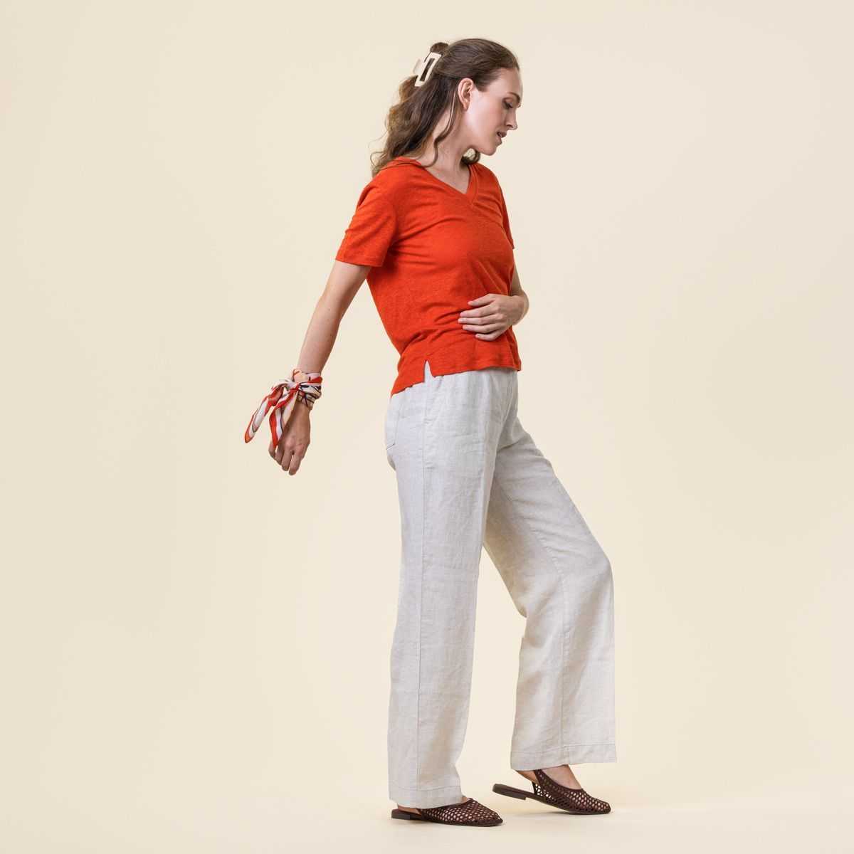 T-shirt en lin col V "TALIDA" orange