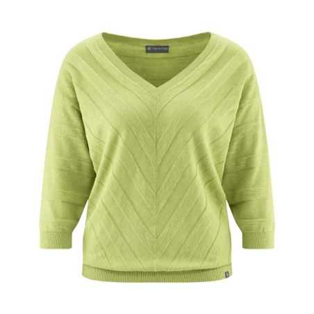 Pull col V tricoté en fil flammé, rayures diagonales - Chanvre et coton bio