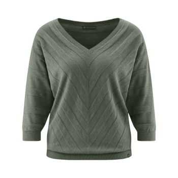 Pull col V tricoté en fil flammé, rayures diagonales - Chanvre et coton bio