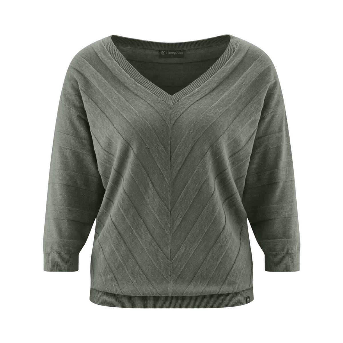 Pull col V tricoté en fil flammé, rayures diagonales - Chanvre et coton bio Pull col V tricoté en fil flammé, rayures diagonales - Chanvre et coton bio
