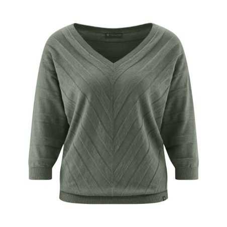 Pull col V tricoté en fil flammé, rayures diagonales - Chanvre et coton bio