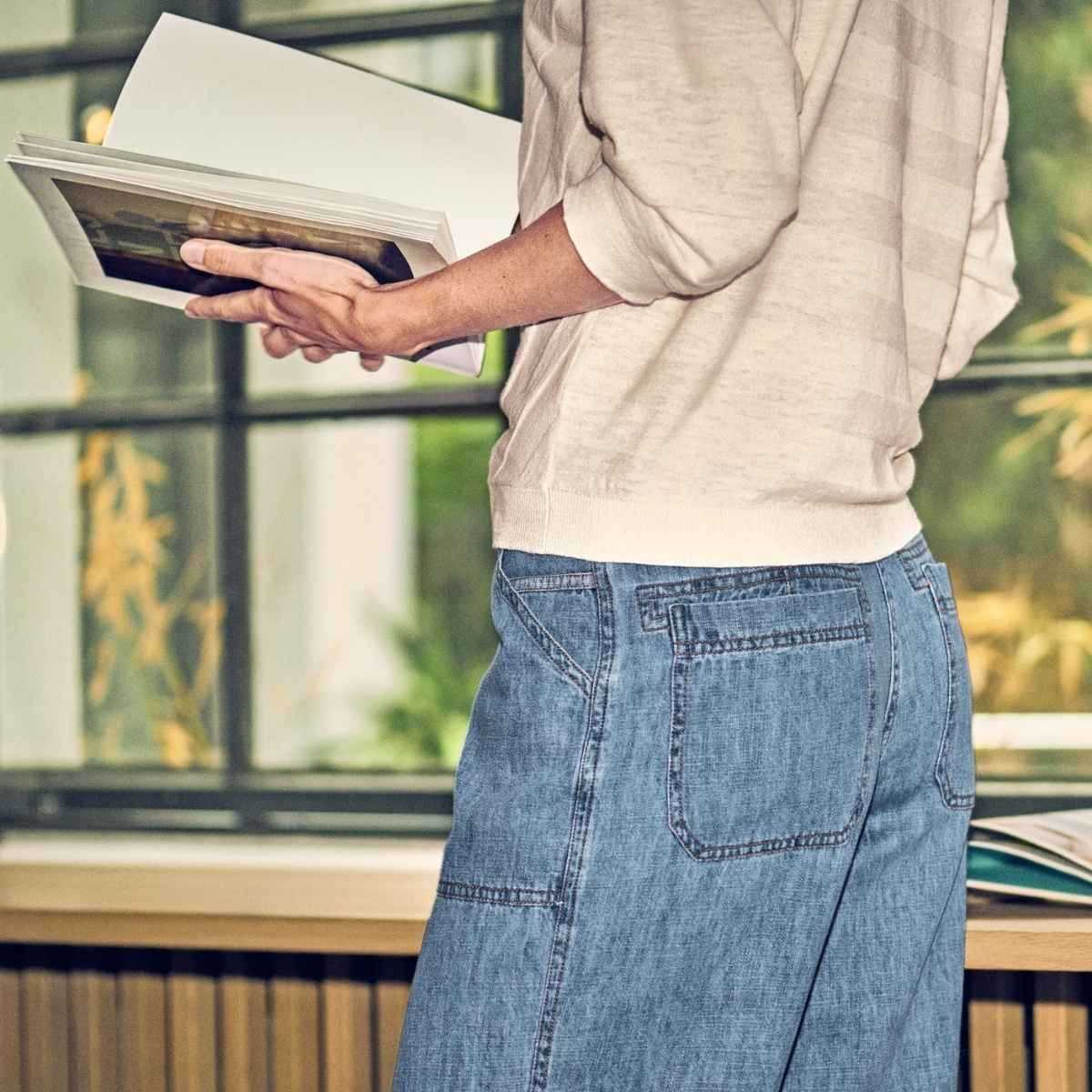 Pull col V tricoté en fil flammé, rayures diagonales - Chanvre et coton bio