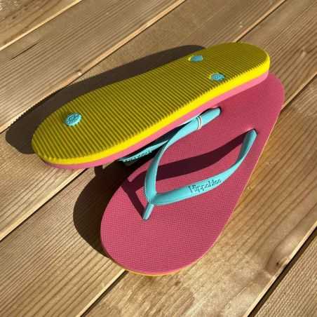 Tongs "POSITANO" - Semelle rose et jaune - Strap bleu