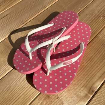 Tongs rose à pois crême, caoutchouc d'hévéa, femme