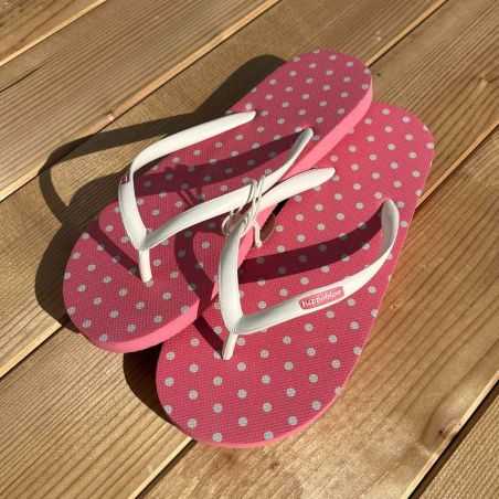 Tongs rose à pois crême, caoutchouc d'hévéa, femme