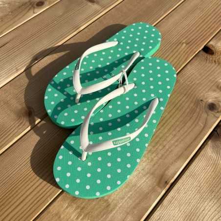 Tongs "JEJU" - Semelle bleue turquoise et pois blancs - Strap blanc