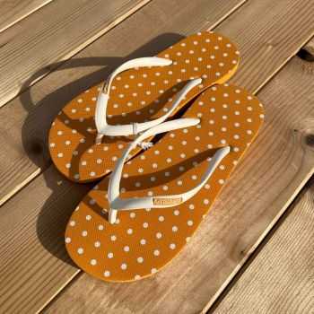 Tongs "KYOTO" - Semelle orange et pois blancs - Strap blanc