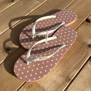 Tongs "LILOAN" - Semelle rose, pois blancs - Strap blanc