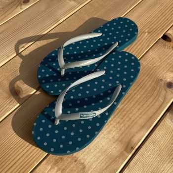 Tongs "MADERE" - Semelle bleue, pois gris - Strap gris