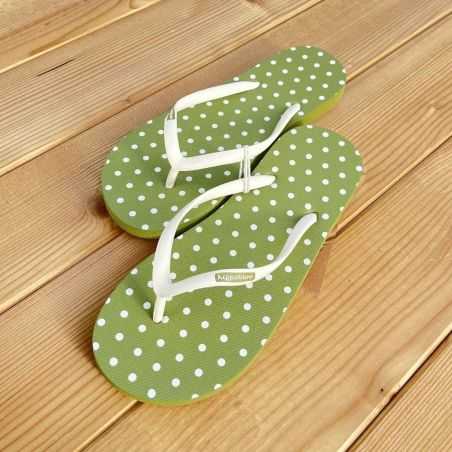 Tongs pour femme en latex végétal - vert à pois blanc