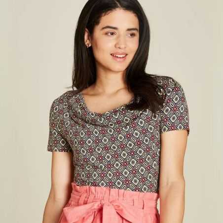 T-shirt femme à col drapé – Imprimé géométrique femme