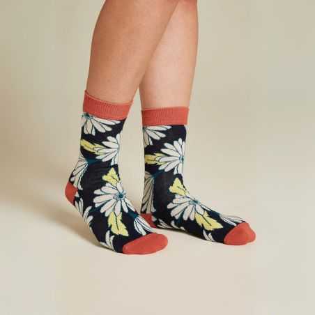 Chaussettes motif fleuri Bleu nuit & corail