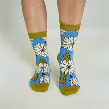 Chaussettes en coton bio à fleurs – Bleu ciel & vert olive