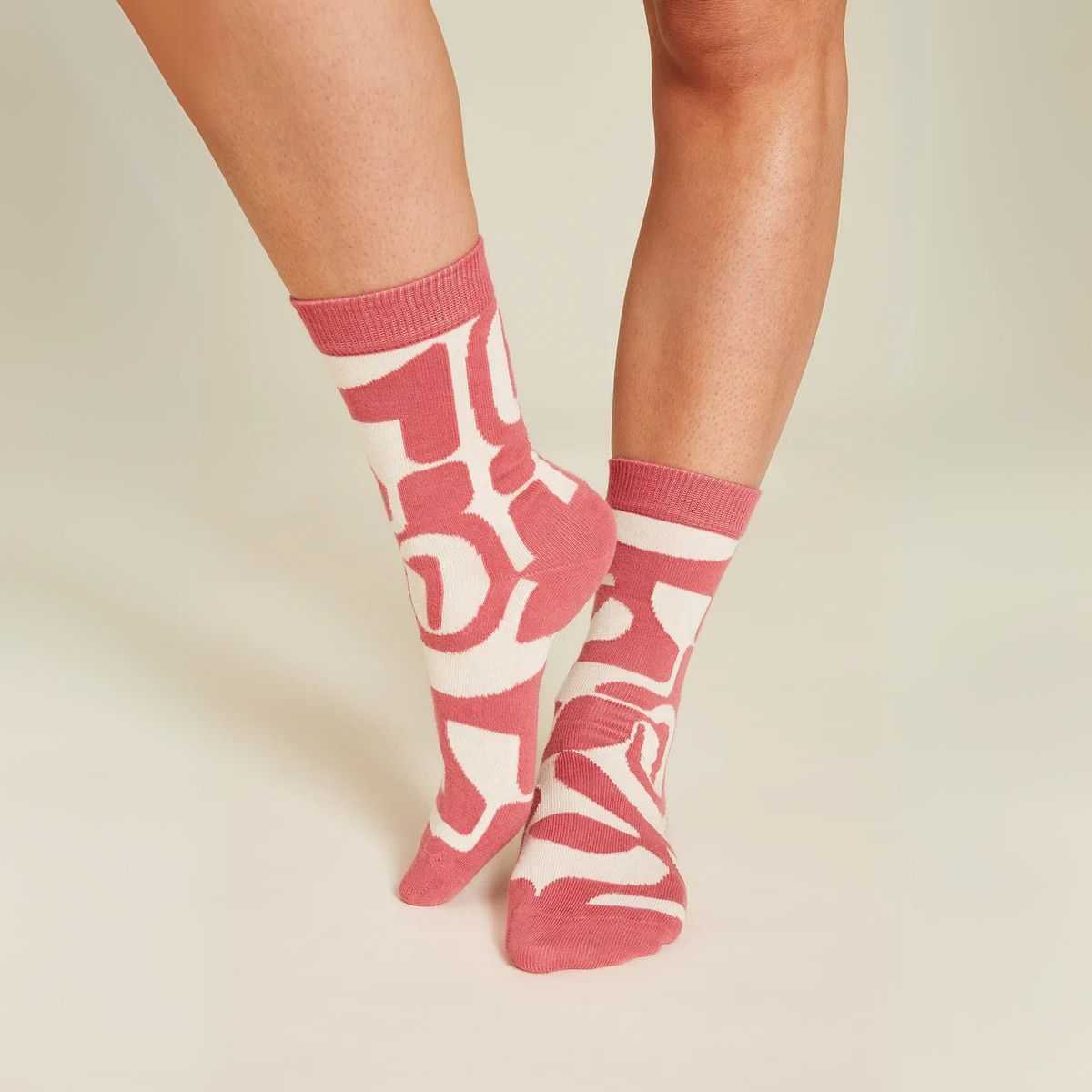 Chaussettes "ABSTRACT" écrues - Motif rose